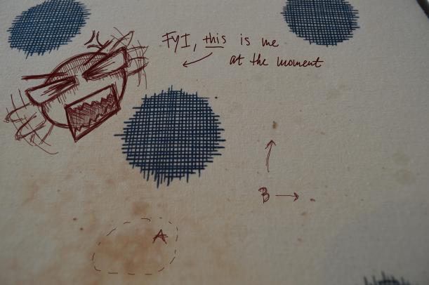 A) brown water stains. B) brown spit