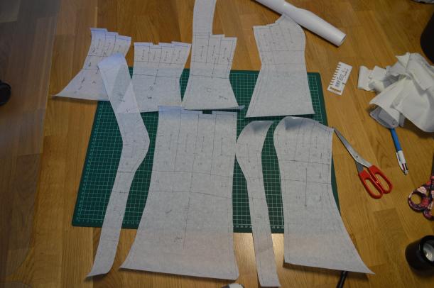 All the large pattern pieces for the dress, transferred onto paper.