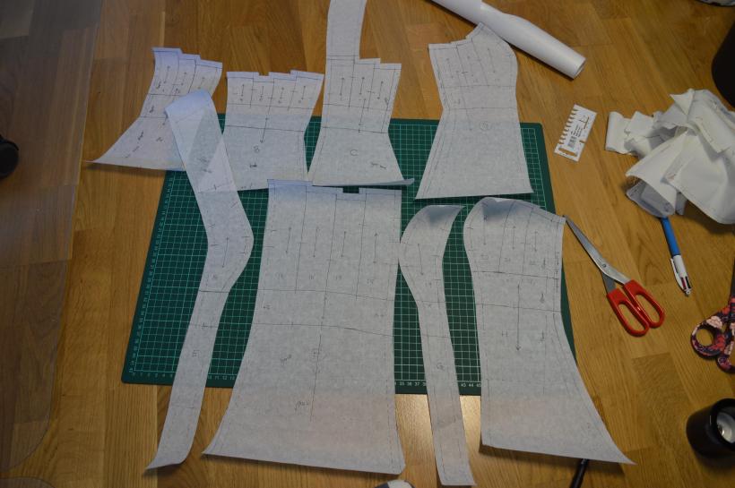 All the large pattern pieces for the dress, transferred onto paper.