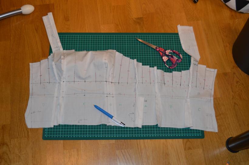 The muslin pattern before cutting and unpicking the seams.
